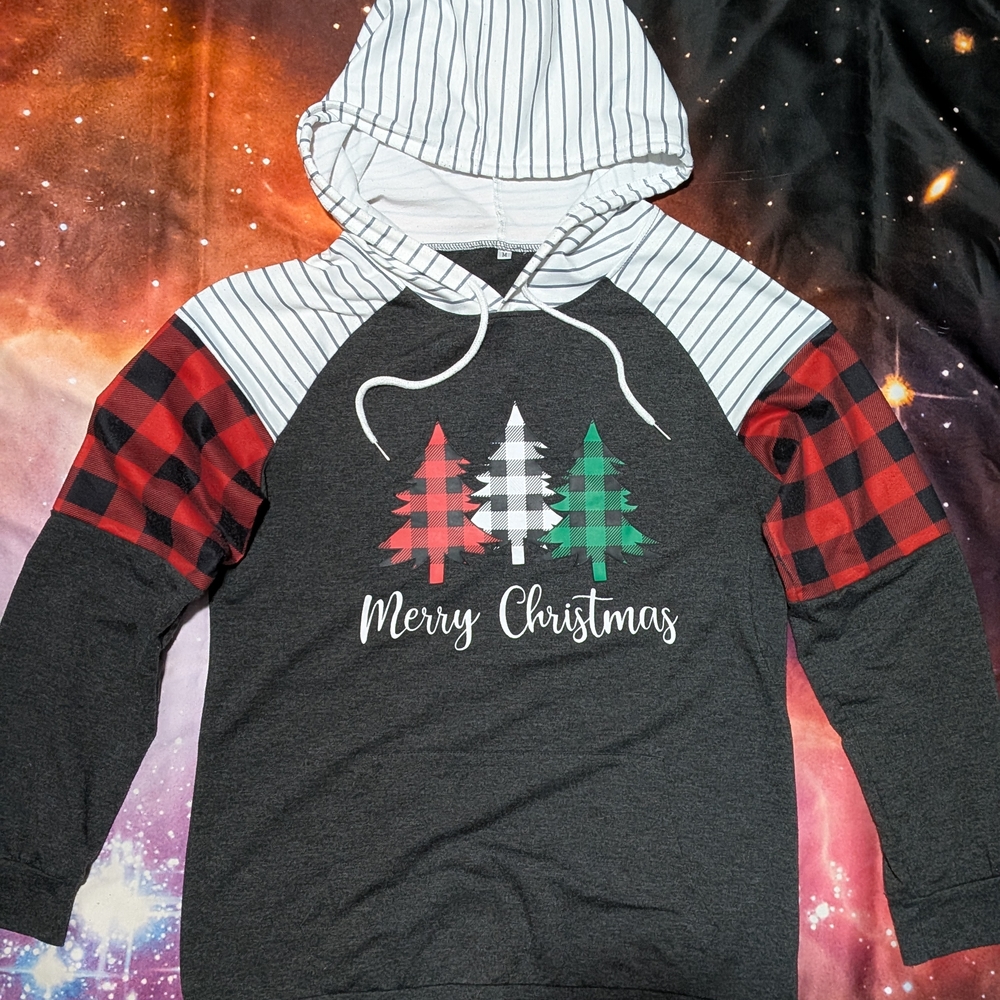Merry Christmas Hoodie with Plaid Sleeves